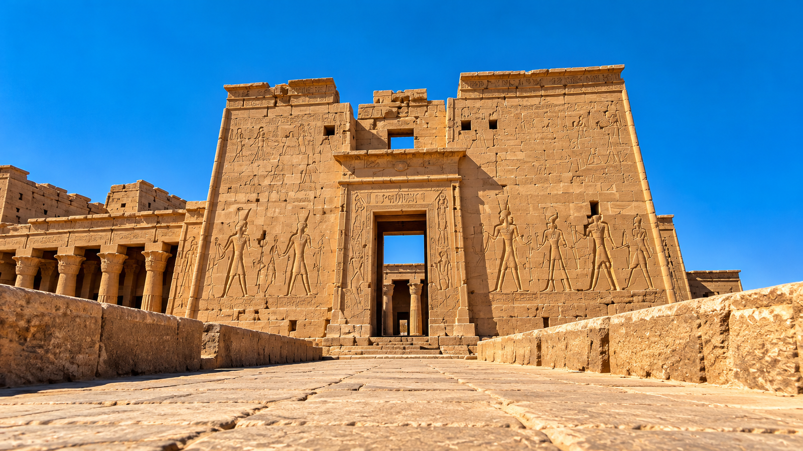 Stone causeway and massive pylon gateway of Kalabsha Temple near Aswan