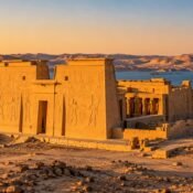 Temple of Dakka pylon at sunset with Lake Nasser in the background, Nubia, Egypt