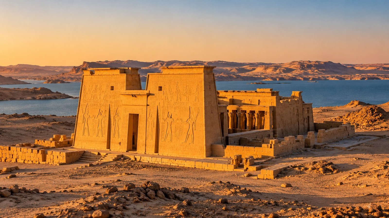 Temple of Dakka pylon at sunset with Lake Nasser in the background, Nubia, Egypt