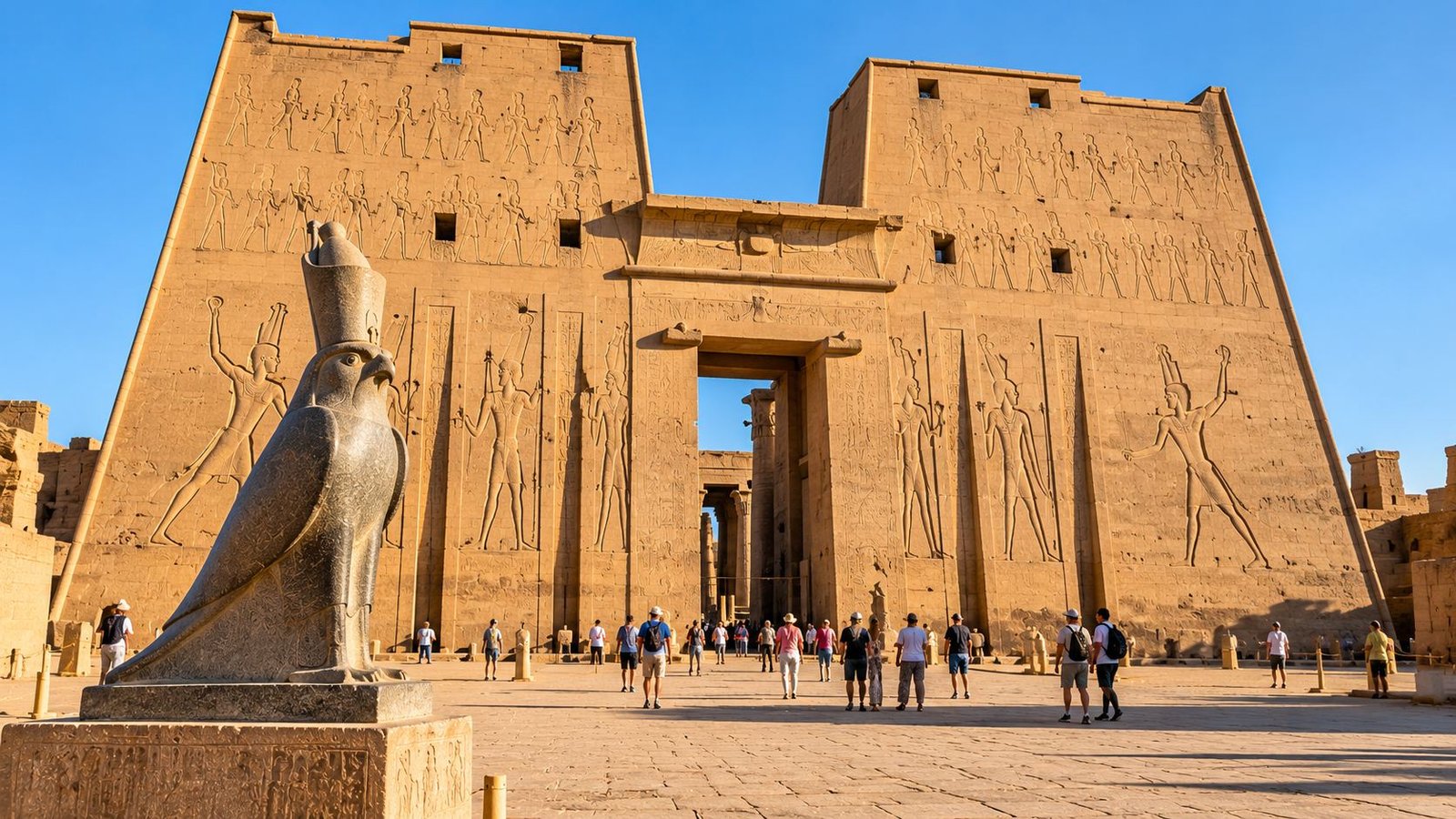Great pylon of Edfu Temple with the granite falcon statue of Horus in front
