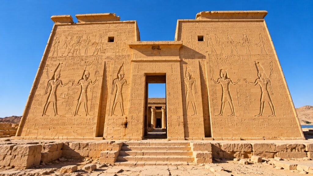 Front of the Dakka Temple pylon carved with pharaonic reliefs and hieroglyphs