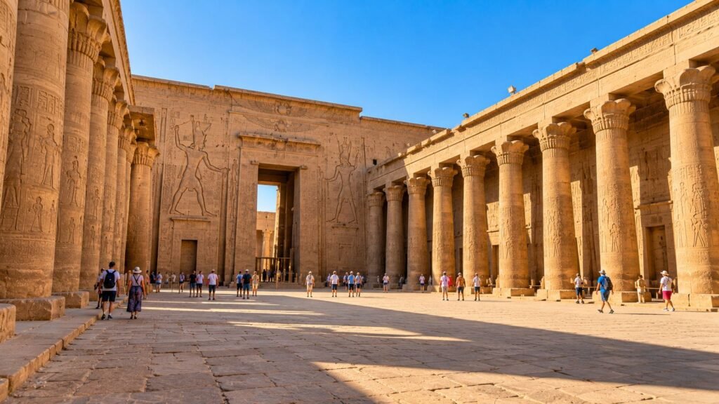 Open court of Edfu Temple with tall sandstone columns