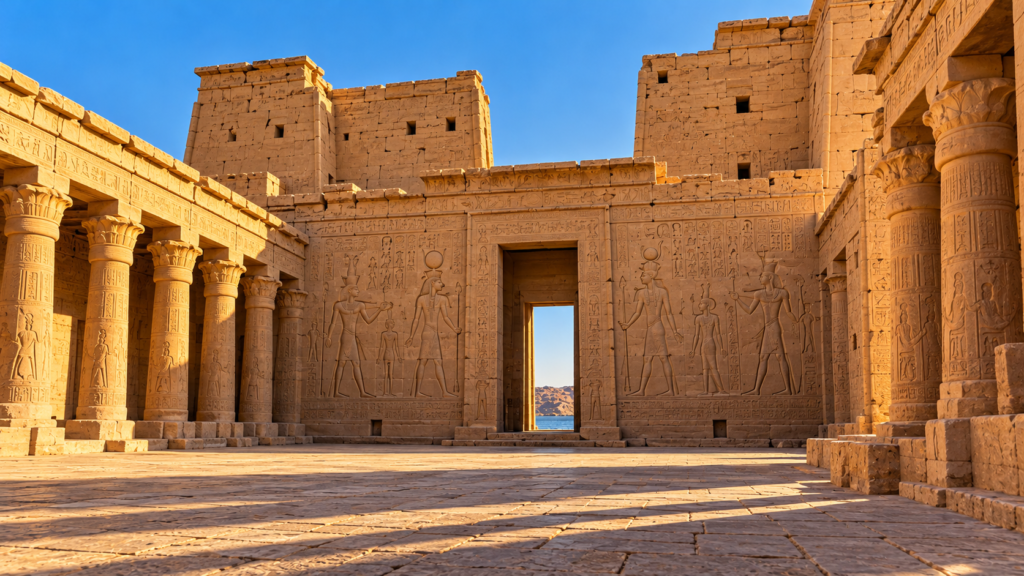 Open court with sandstone columns and carved walls at Kalabsha Temple