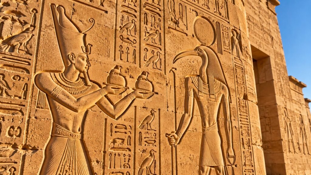 Relief at Dakka Temple showing a pharaoh offering to Thoth, the ibis-headed god