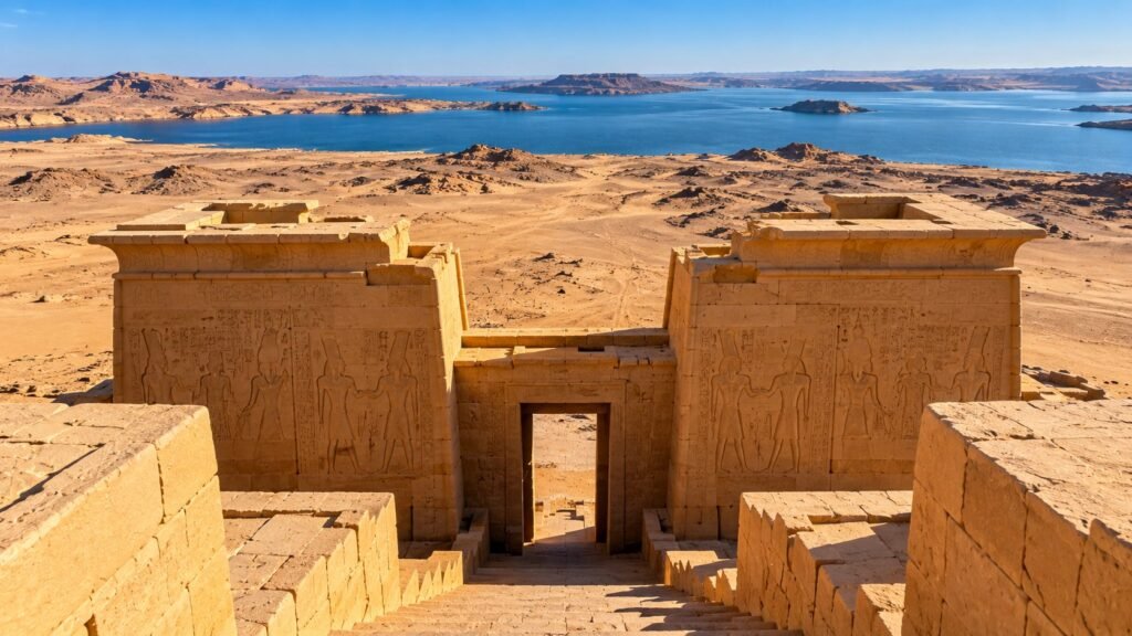View from the top of Dakka Temple pylon over the gateway, stairs and Lake Nasser