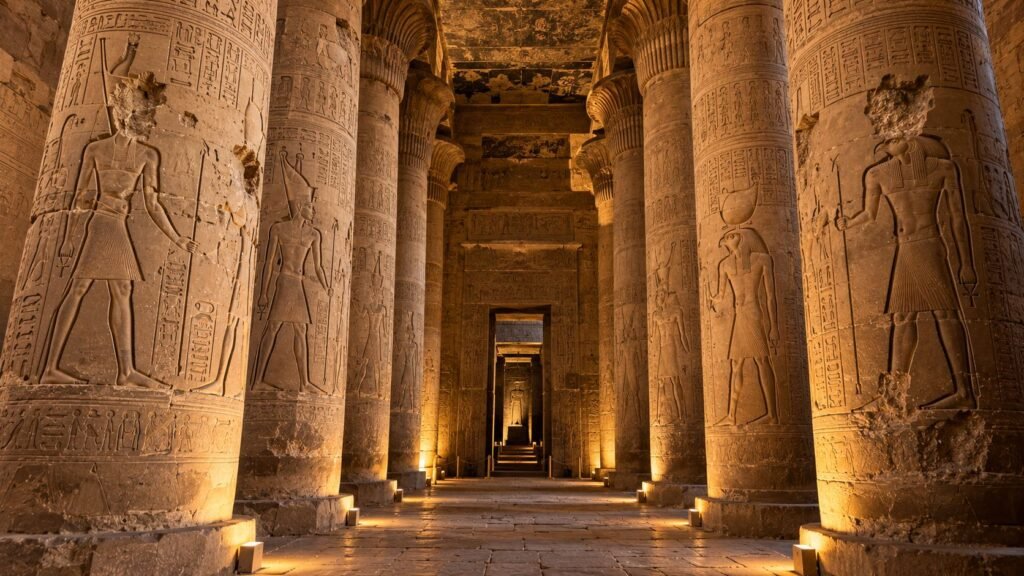 Hypostyle hall of Edfu Temple with tall carved columns