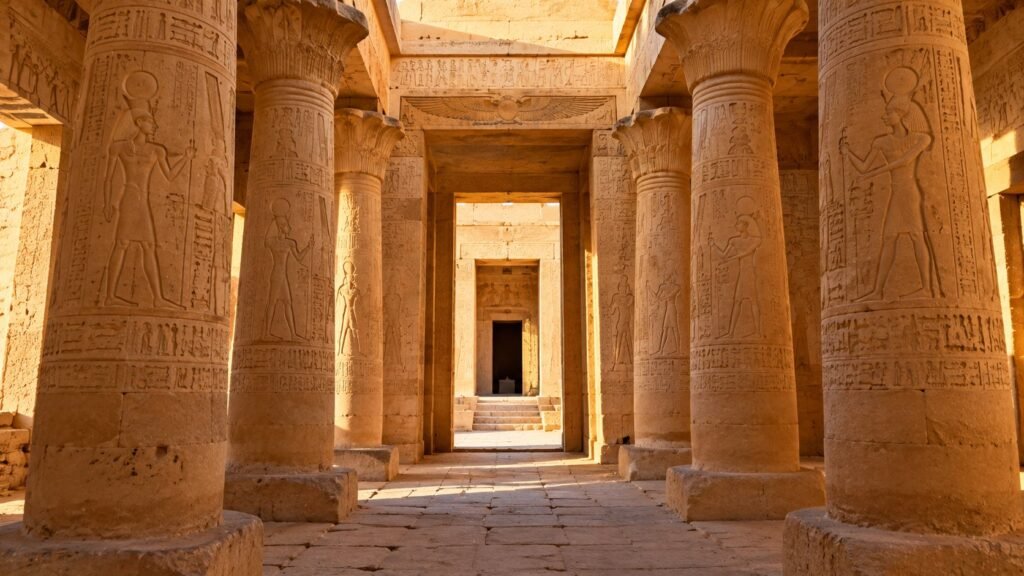 Entrance hall of Dakka Temple with carved columns and a view of Lake Nasser through the doorway
