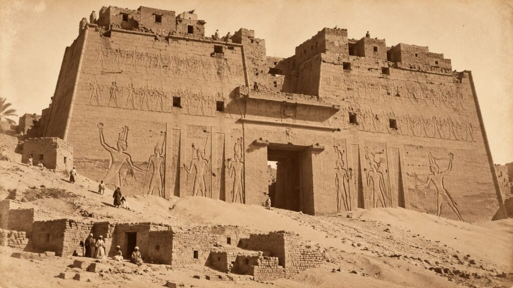 Illustration of Edfu Temple partly buried in sand
