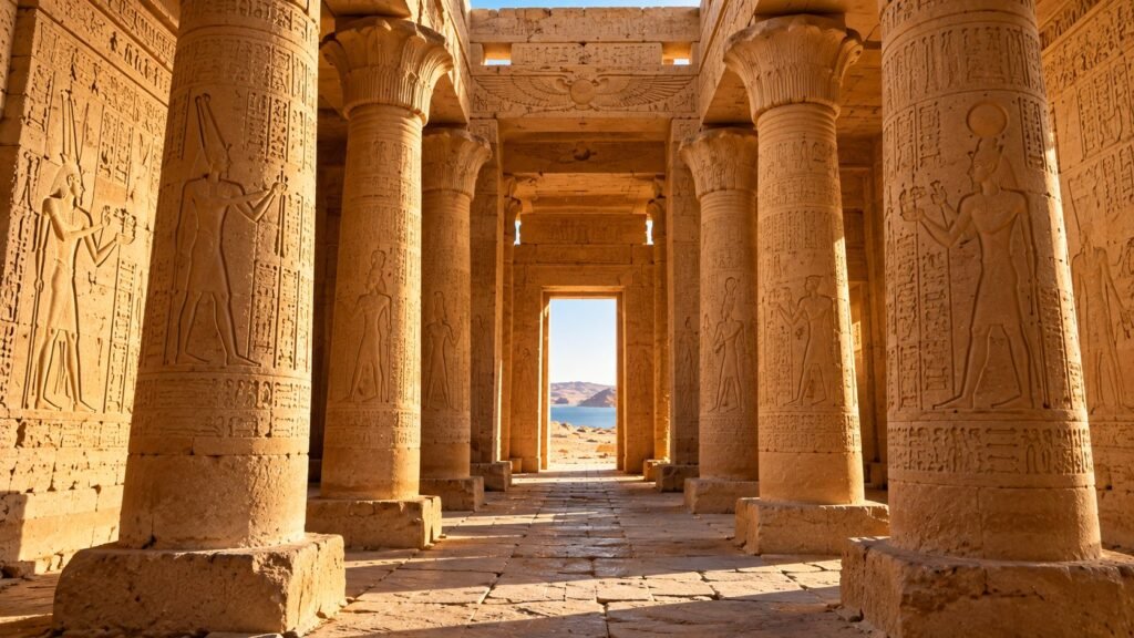 Columned hall of Dakka Temple with hieroglyphic carvings leading to the inner sanctuary