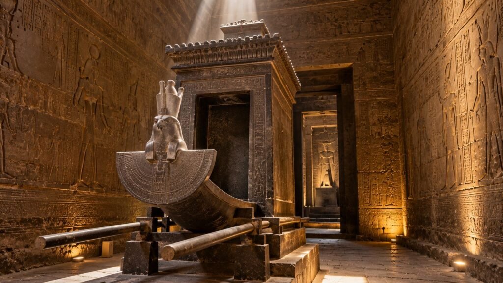 Granite shrine in the sanctuary of Edfu Temple lit by a beam of light