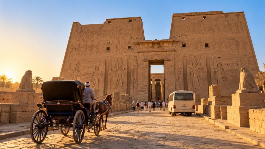 Approach to Edfu Temple and its great pylon in morning light