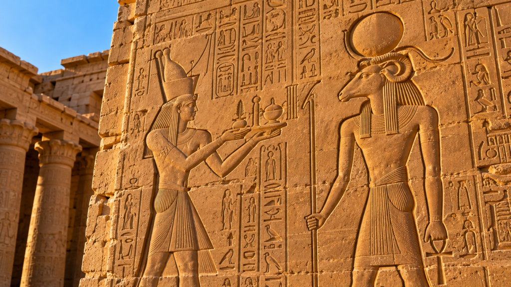 Carved reliefs of figures making offerings on a sandstone wall at Kalabsha Temple