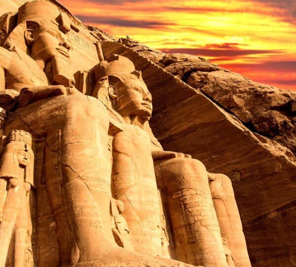 Close-up of a colossal statue of Ramesses II at Abu Simbel