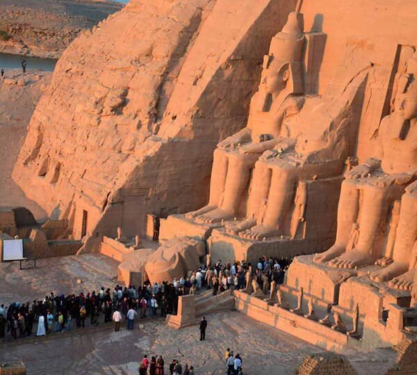 Colossal statues of Ramesses II at the Abu Simbel temples, a popular day trip from Aswan