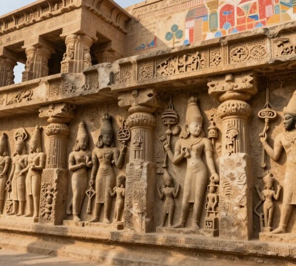 Carved sandstone sanctuary scenes retaining traces of original color