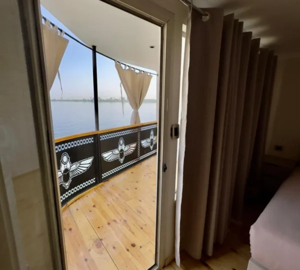 Luxury dahabiya cabin with Nile River view in Egypt