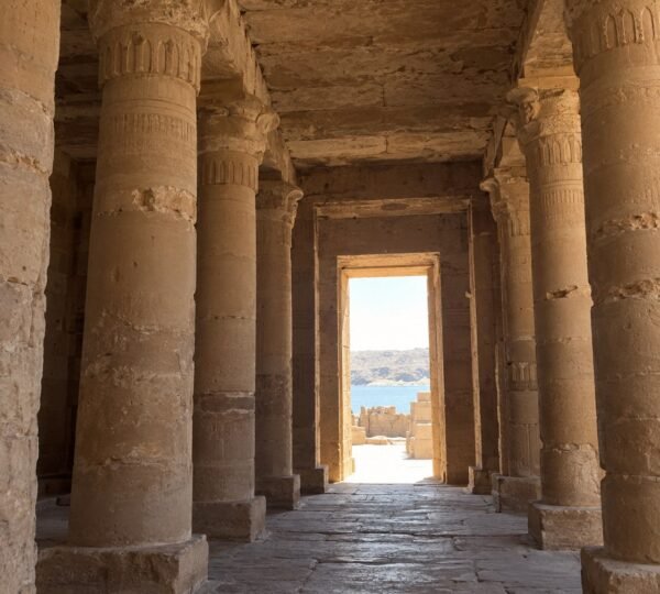 Pillared hall of the Temple of Derr with carved columns leading toward the sanctuary
