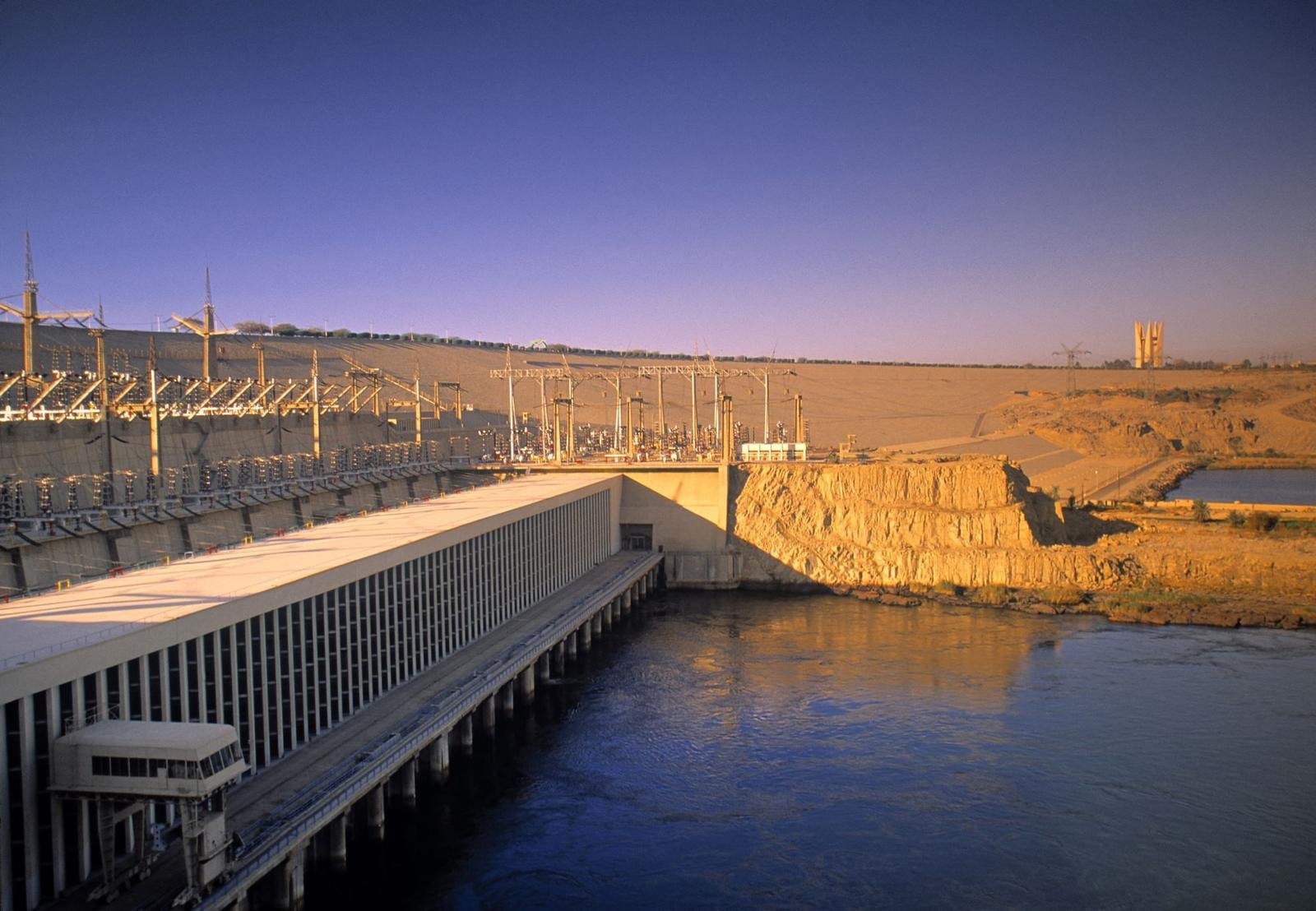 Aswan High Dam power station beside the Nile at golden hour