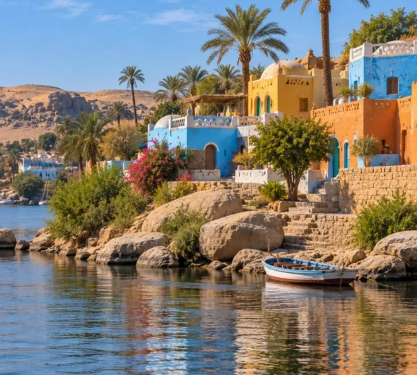 Colorful Nubian village houses and palm trees on the bank of the Nile in Aswan