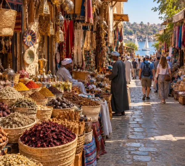 Traditional souk street in Aswan with shops selling colorful spices, baskets and local goods