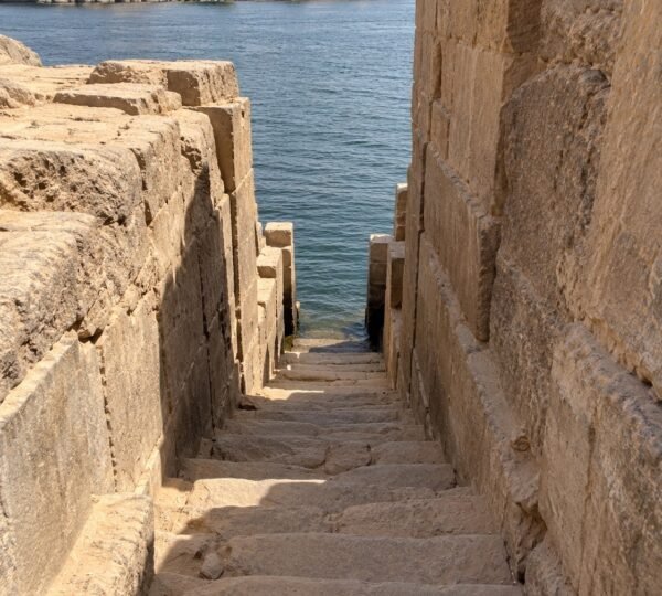 Stone stairs of the Nilometer leading down to the Nile on Elephantine Island