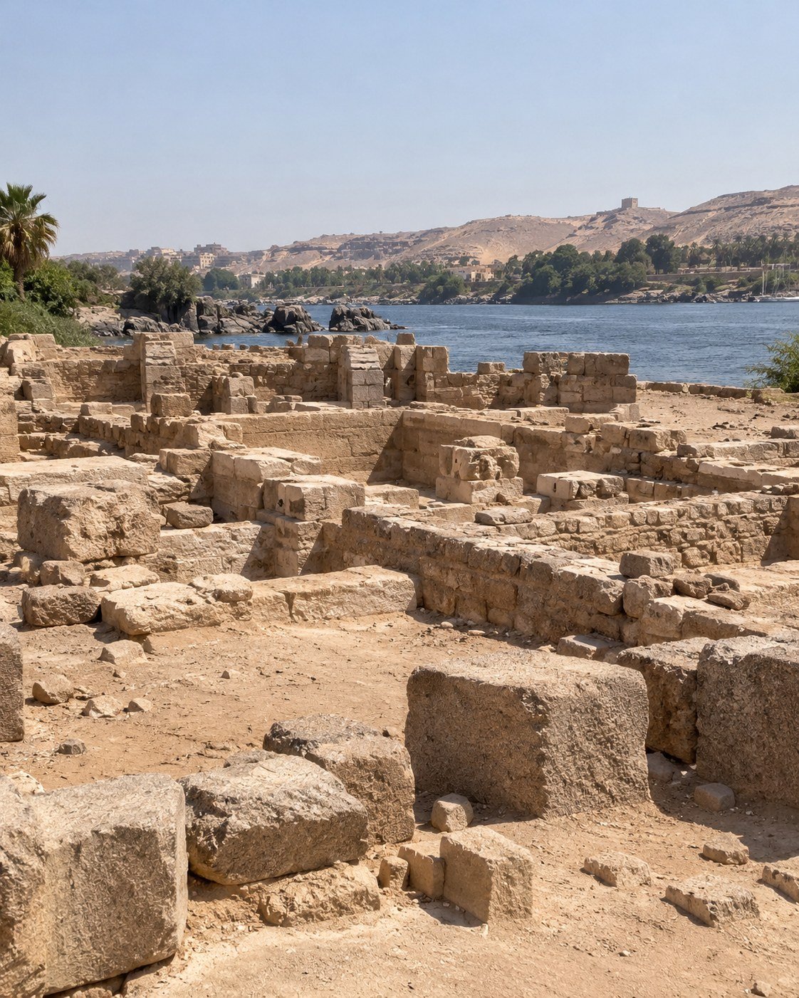 Ancient stone ruins on Elephantine Island with the Nile in the background