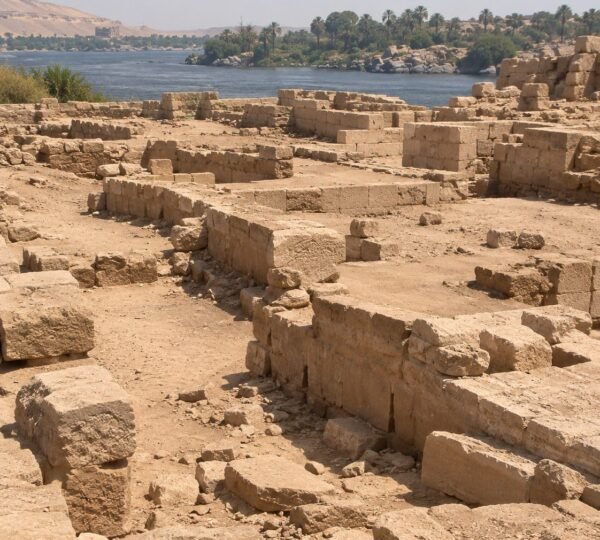 Foundations and stone blocks of the Temple of Satet on Elephantine Island