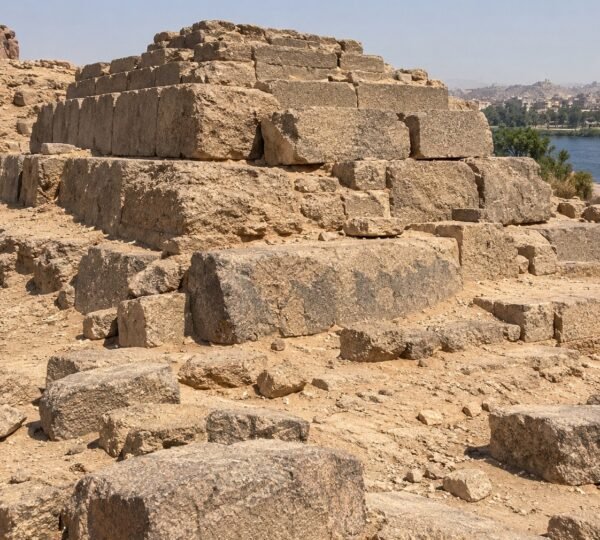 Weathered granite step pyramid ruin on Elephantine Island in Aswan