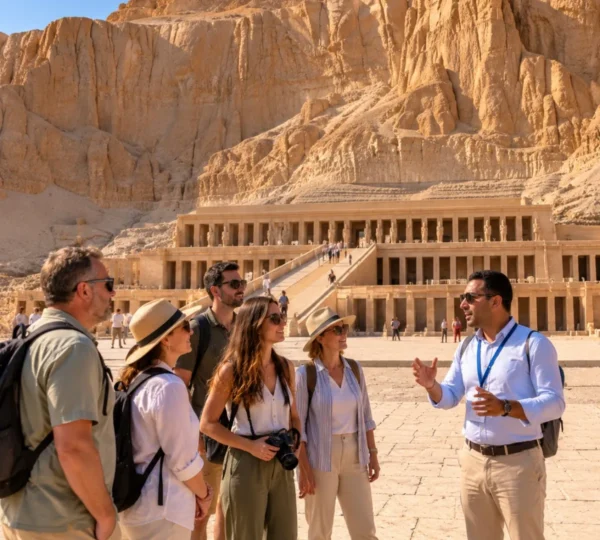 Tourists with a guide in front of Hatshepsut Temple on the West Bank of Luxor