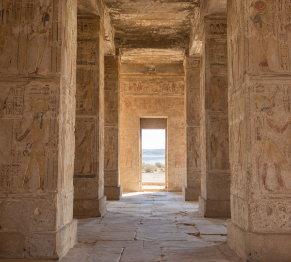 Interior pillared hall of the Temple of Amada with carved sandstone columns