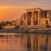 Kom Ombo Temple on the bank of the Nile at sunset