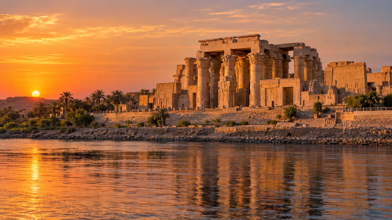 Kom Ombo Temple on the bank of the Nile at sunset