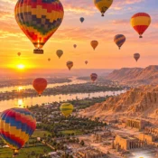 Hot air balloons floating over the Luxor West Bank and the Nile at sunrise