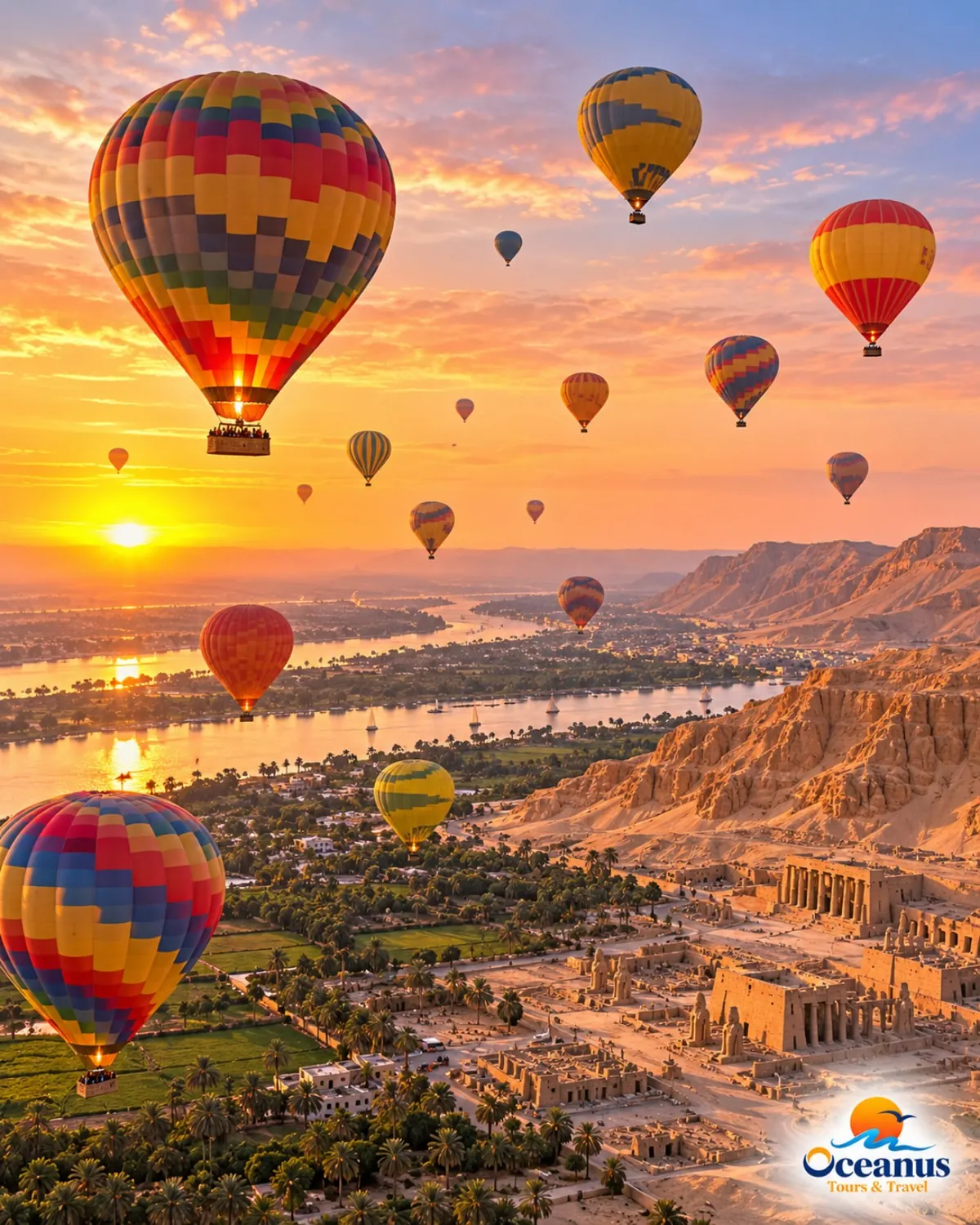 Hot air balloons floating over the Luxor West Bank and the Nile at sunrise