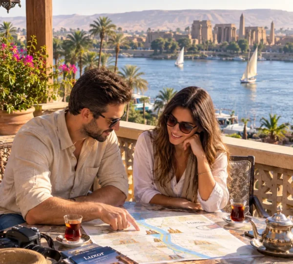 Couple planning their Luxor itinerary with a map and tea on a terrace overlooking the Nile and feluccas