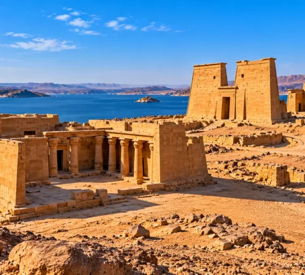Illustration of the temples at New Wadi es-Sebua on the shore of Lake Nasser