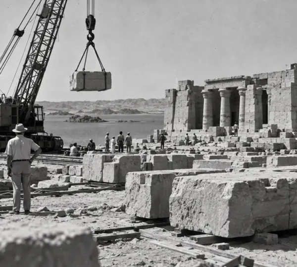 Illustration of the 1960s UNESCO rescue of a Nubian temple
