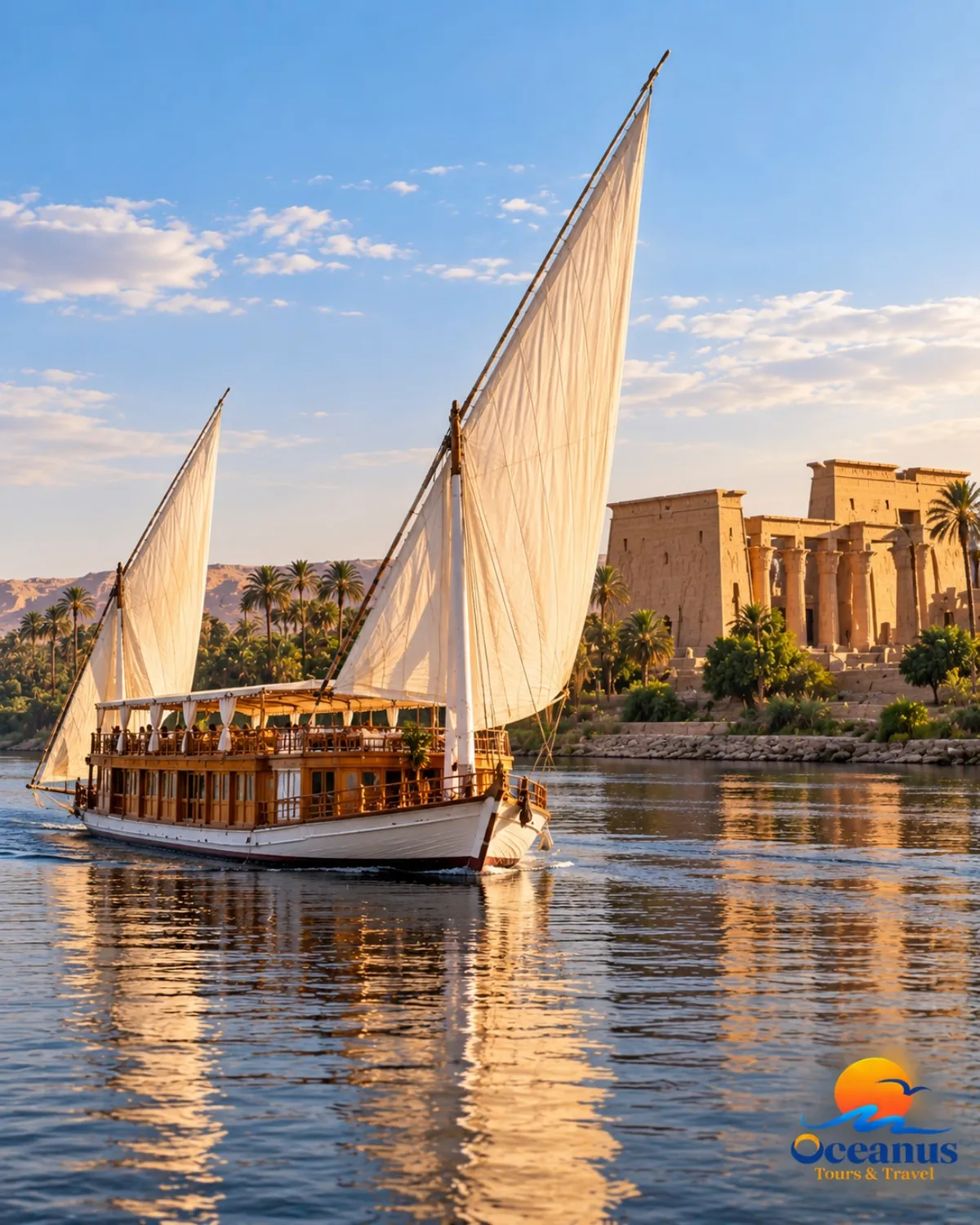 Traditional two-masted dahabiya with white sails and a shaded wooden upper deck sailing on the Nile beside an ancient temple