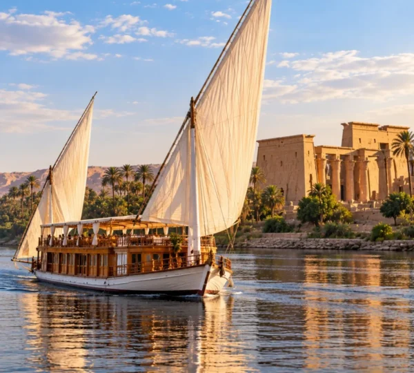 Traditional dahabiya with white sails sailing on the Nile past an ancient temple on the riverbank