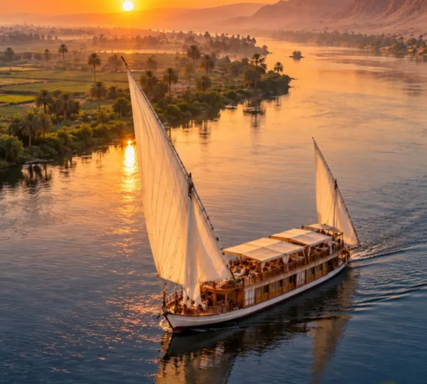 Traditional dahabiya with white sails gliding on the Nile at sunset with palm trees along the riverbank