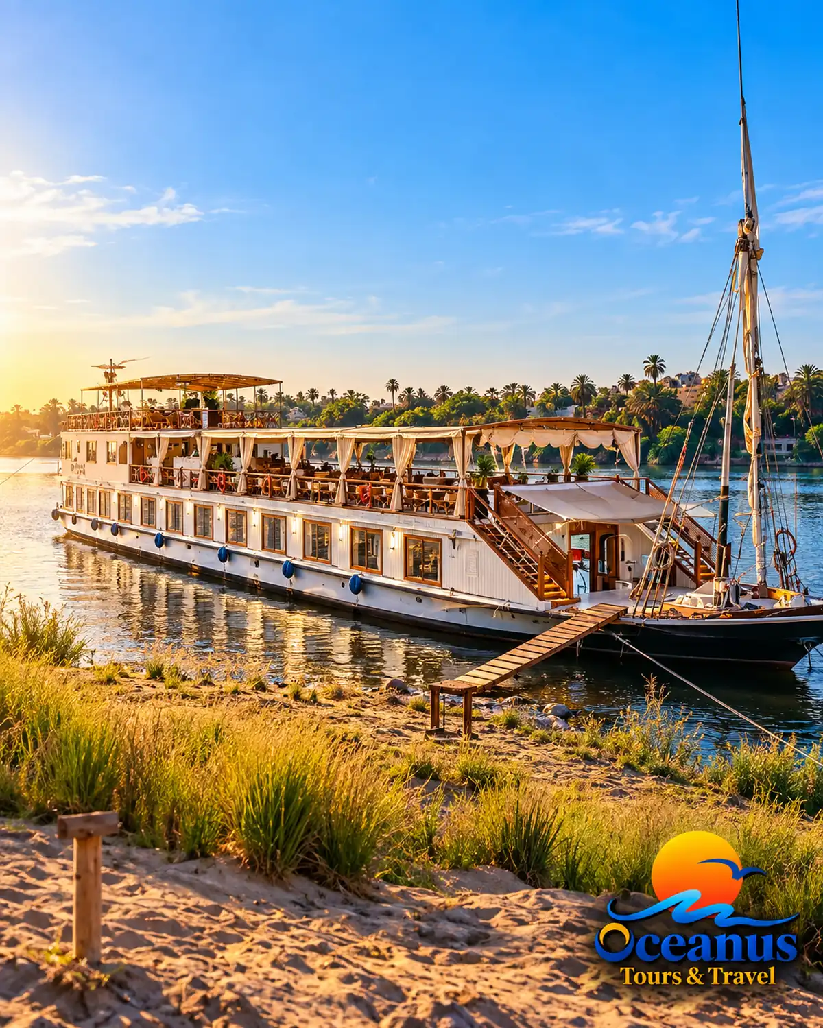 Luxury dahabiya sailing on the Nile River in Egypt during the day
