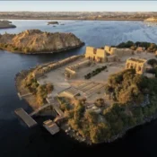 Aerial view of Philae Temple on Agilkia Island in the Nile, Aswan