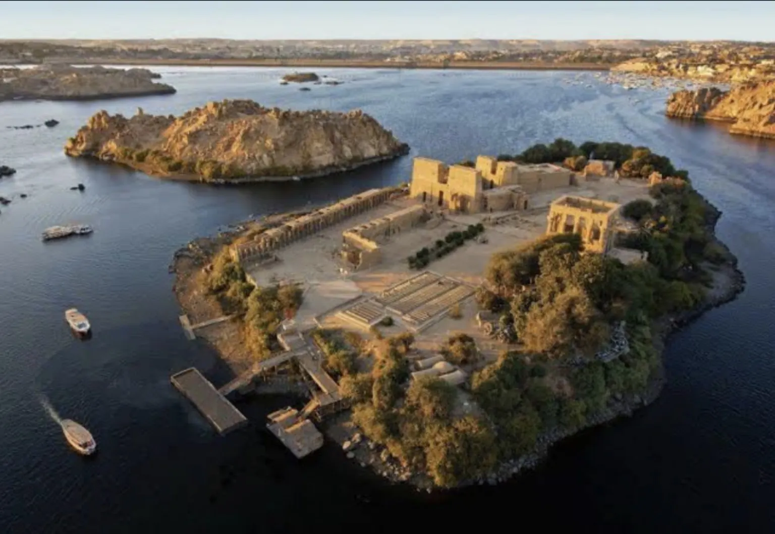 Aerial view of Philae Temple on Agilkia Island in the Nile, Aswan