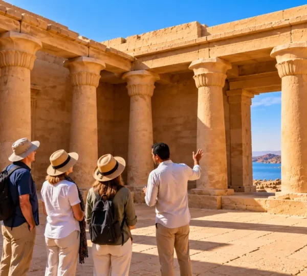 Oceanus tour guide explaining the Temple of Maharraqa to travelers