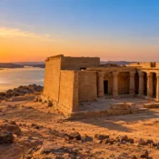 Temple of Maharraqa at sunset beside Lake Nasser, Egypt