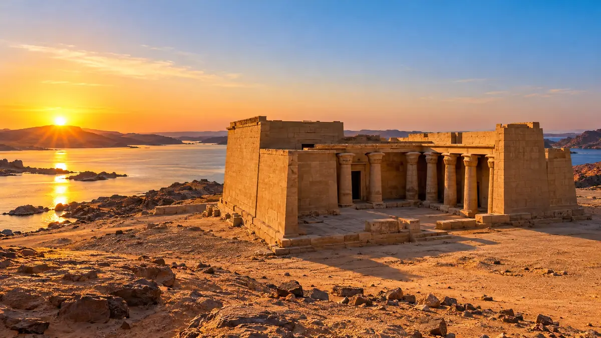 Temple of Maharraqa at sunset beside Lake Nasser, Egypt