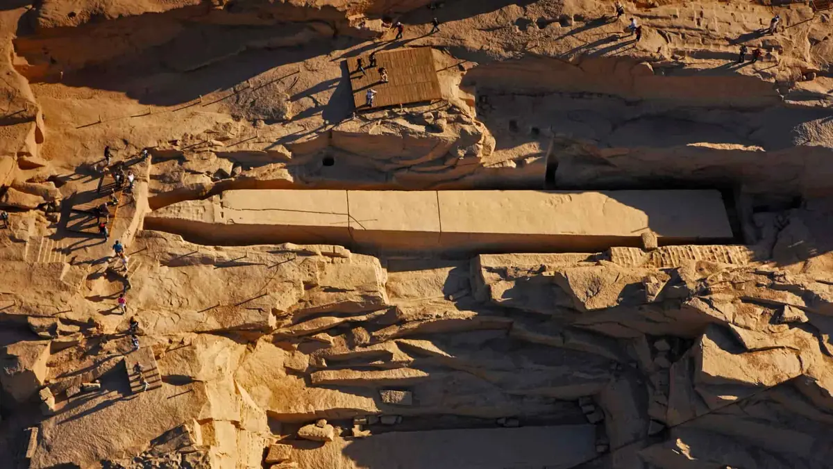 Aerial view of the Unfinished Obelisk lying in its trench in the Aswan granite quarry