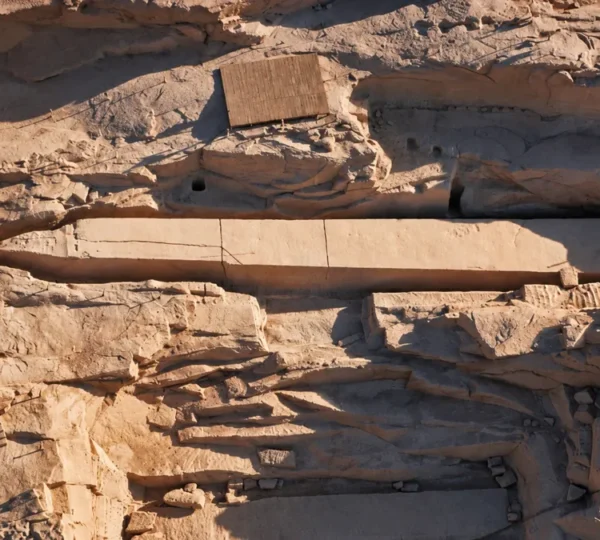Wide view of the Unfinished Obelisk lying in its trench in the Aswan granite quarry
