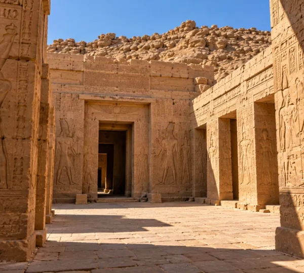 Sunlit courtyard inside the Wadi es-Sebua temple with sandstone walls