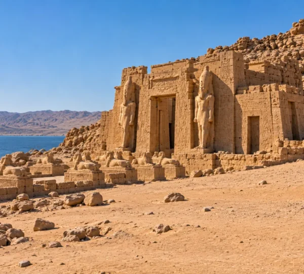 Front view of the ancient Wadi es-Sebua temple in the Egyptian desert